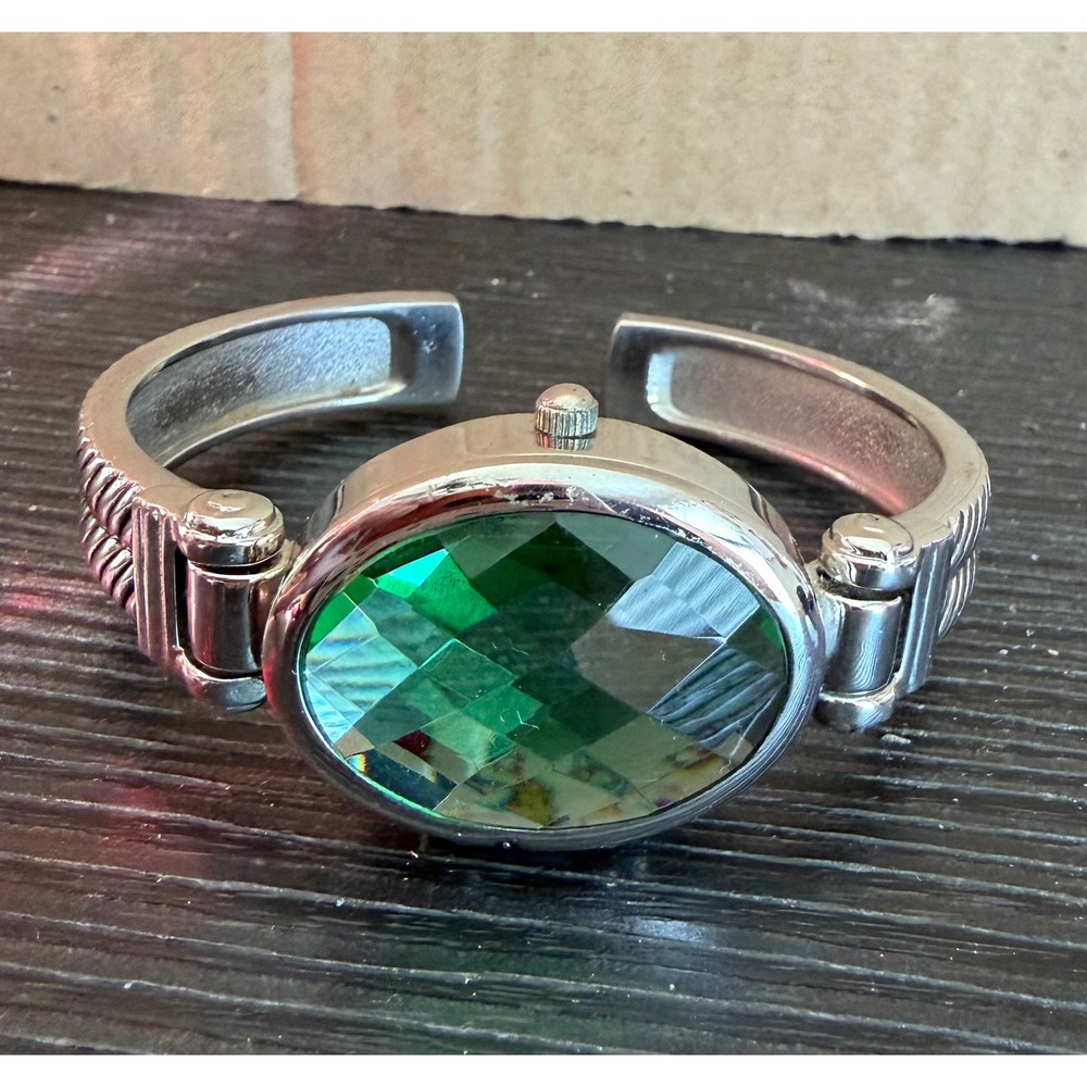 Geneva Platinum Women Silver Tone Green Crystal Secret Watch Cuff Bracelet 6807
